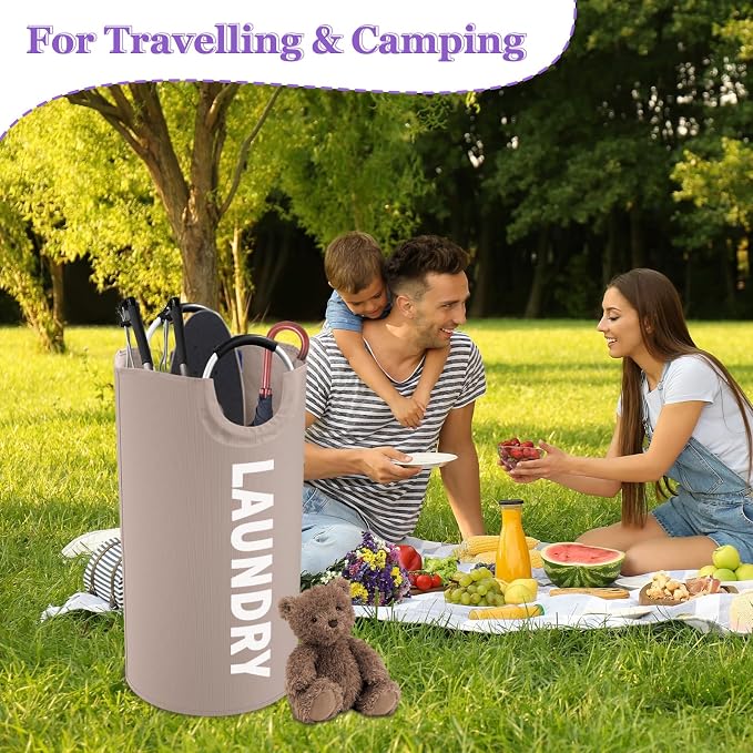 95L Folding Laundry Basket for Singles, Large Laundry Hamper with Aluminum Handles, Freestanding Dirty Clothes Basket, Sturdy Oxford Fabric Clothes Hampers for Travel, Dormitory, Khaki - Image 6