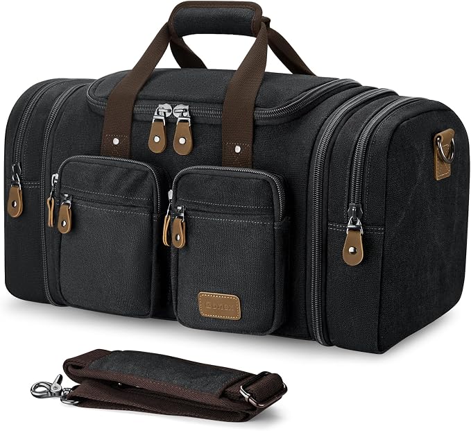 Gonex Duffle Bag for Travel, Expandable 50L Overnight Weekender Gym Bag | Water-Resistant Canvas, Wet-Dry Pocket, Luggage Sleeve, Carry-On Size, Detachable Strap, Dark Grey by Gonex