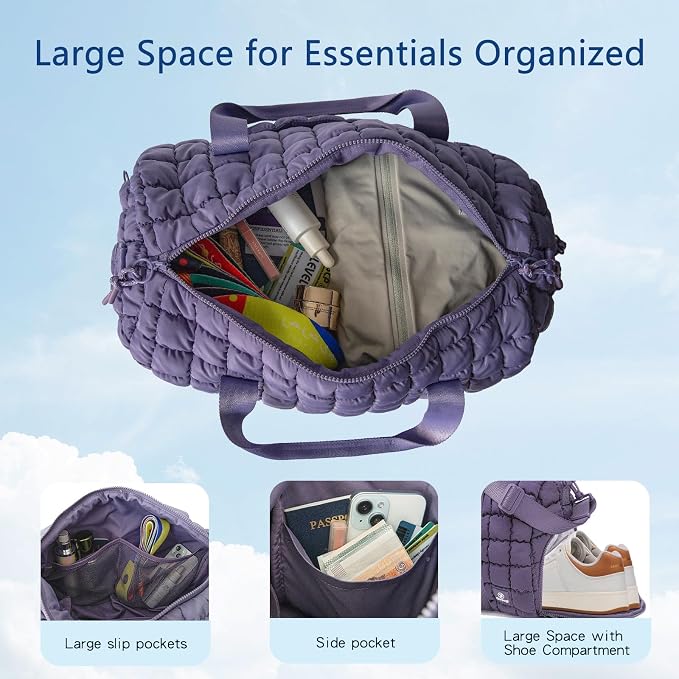 Quilted Gym Bag for Women,Duffle Bag for Travel with Wet Pocket,Carry on Weekender Bags for Women,Travel Bag with Shoe Compartment(Purple) - Image 4
