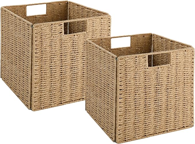 Wicker Baskets for Storage, Set of 5 Hand-Woven Wicker Storage Baskets for Shelves, Cube Storage Baskets Bins with Handles, Wicker Basket for Organizing Pantry Bedroom, Natural - Image 2
