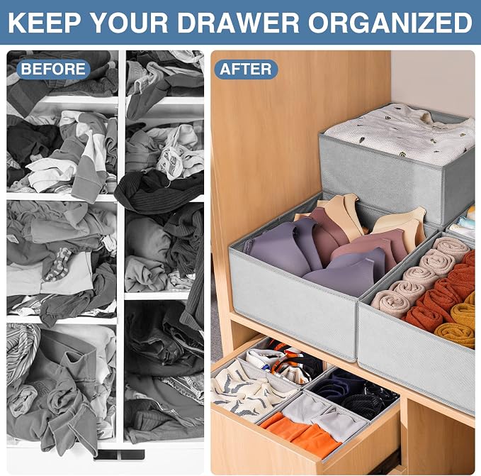 Drawer Organizer Clothes 24 Pack, Fabric Closet Organizers and Storage Bins for Underwear Sock, Odorless Dresser Drawer Dividers for Baby Nursery Organization (Grey) - Image 5