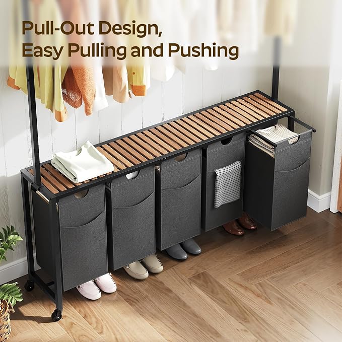 Laundry Hamper, Laundry Sorter 5 Section, Rolling Laundry Basket, Laundry Sorter with Hanging Bar, Hampers for Laundry, Laundry Basket Organizer for Laundry Room, Rustic Brown LS57BR - Image 4
