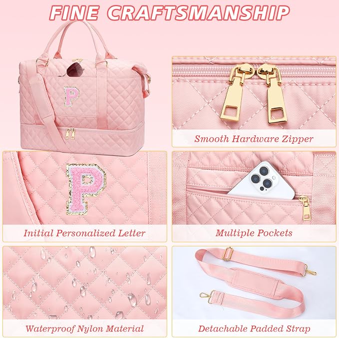 Gift for Teens Personalized Initial Duffle Bag for Girls(Pink,P) | Gifts for Girls-Womens Weekender Travel Bag with Shoe Compartment-Overnight Bags - Image 6