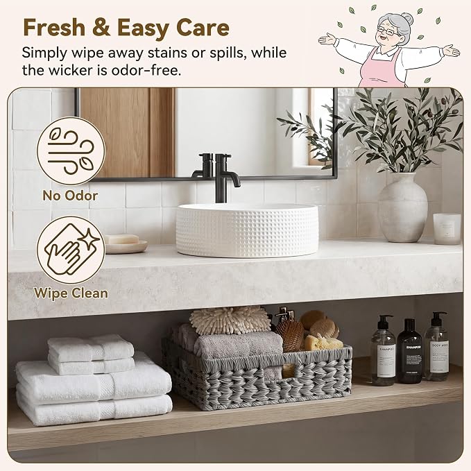 GRANNY SAYS Wicker Storage Basket for Shelves,Waterproof Gray Basket,1-Pack | Handwoven Wicker Baskets for Organizing, Plastic Rectangle Basket, Woven Basket for Storage, Pantry Basket, Decorative Basket - Image 3