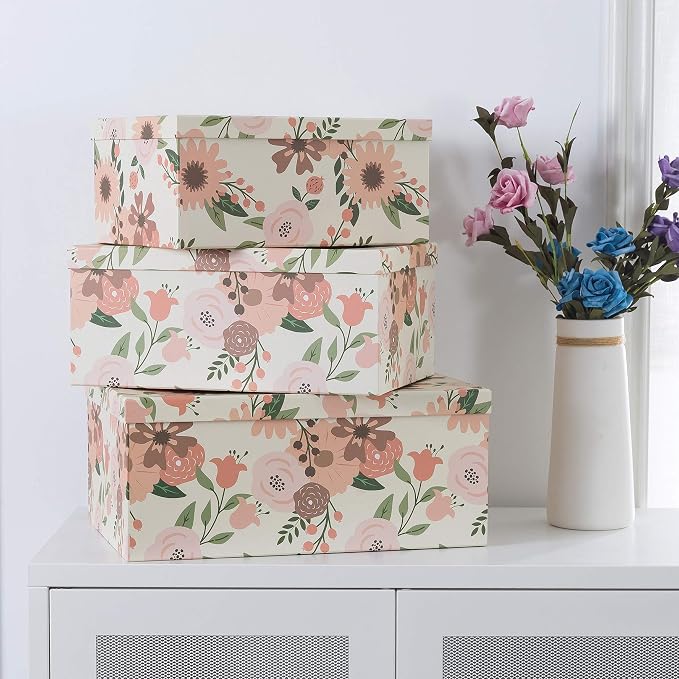 Soul & Lane - Peach Blossoms Decorative Storage Boxes with Lids, Set of 3 | Large Nesting Cardboard Keepsake Boxes for Memories, Photos and Cards, Floral Gift Storage Containers for Home Decor - Image 3