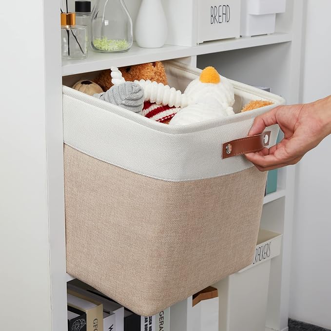 DULLEMELO Fabric Storage Cubes,13 inch Cube Stroage Bins for Empty Gift Basket,Toy Nursery Storage Linen Closet Organizers and Storage Baskets Shelves Bins(White&Khaki) - Image 6