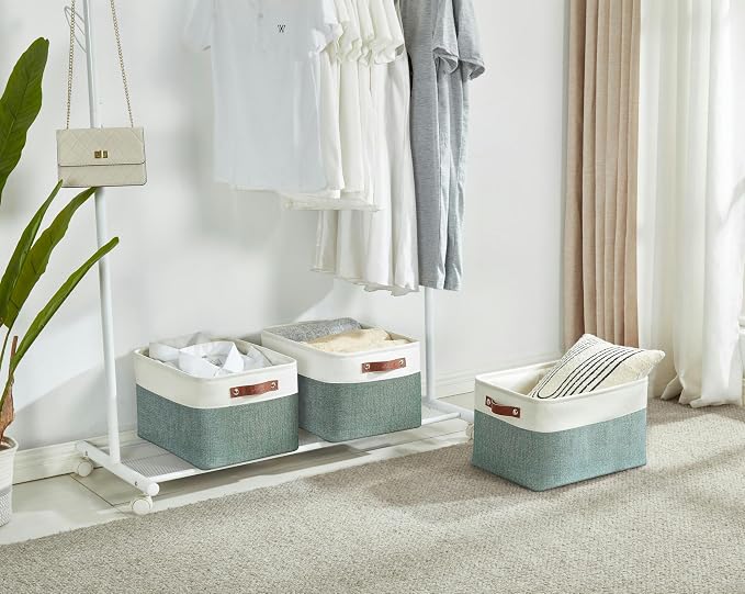 DECOMOMO Storage Bins, Large Fabric Storage Baskets for Shelves 3 Pack | 15 x 11 x 9.5 inches Decorative Linen Closet Organizers (Green & White) - Image 6