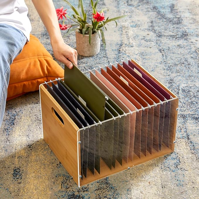 Sbanmao Letter/Legal Bamboo Acrylic File Box Organizer, Hanging File Folder Storage Boxes, Decorative Document Crate Transparent Filing Bin with Handle for Home Office Desk - Image 4