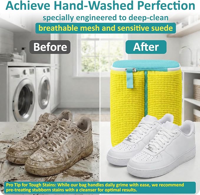 Shoe Washing Machine Bag for Sneaker Cleaning Laundry Shoe Bag, Yellow | Dual Compartment, Full Protection, Clasp-Lock Zipper, Dense Chenille, Bound Edge & Seams - Image 7