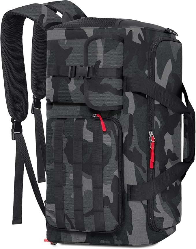 RAINSMORE Gym Bag for Men, 45L Sports Travel Duffel Bag with Shoe & Laptop Compartment, Gym Workout Backpack Carry On Weekender Bag Overnight Backpack for Travel, Black Camo by RAINSMORE