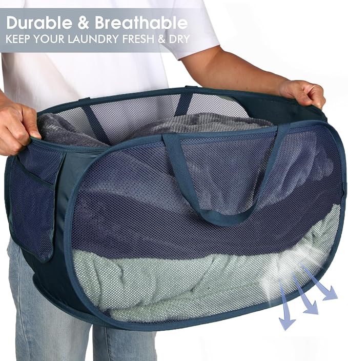 Durable Collapsible Laundry Baskets, Mesh Pop Up Laundry Hamper with Handy Pocket, Foldable Clothes Hamper with Reinforced Carry Handles for Laundry, Bathroom, Kids Room or Travel Navy - Image 5