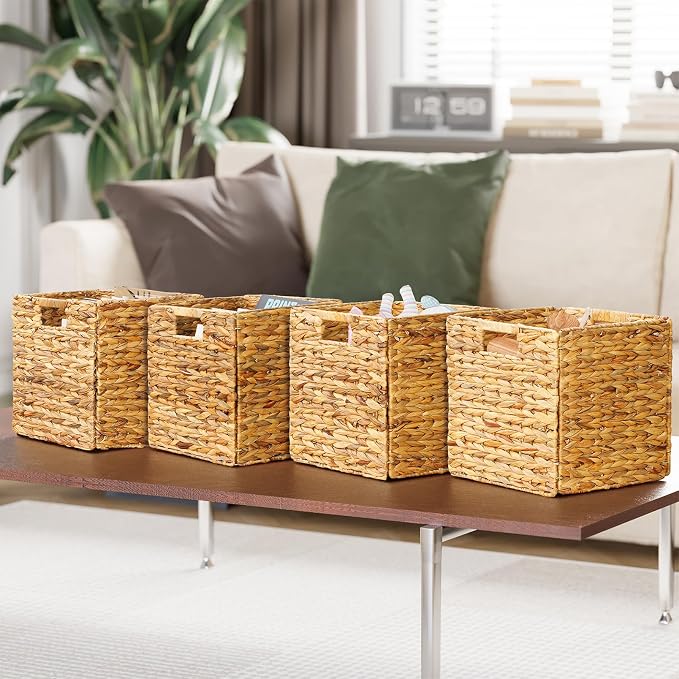 SpaceAid 4 Pack Wicker Basket, Storage Baskets for Organizing, Woven Rattan Basket with Handles for Shelves, Water Hyacinth Large Cube Organizer Storage Bin, 12x12x12 inch, Natural - Image 5