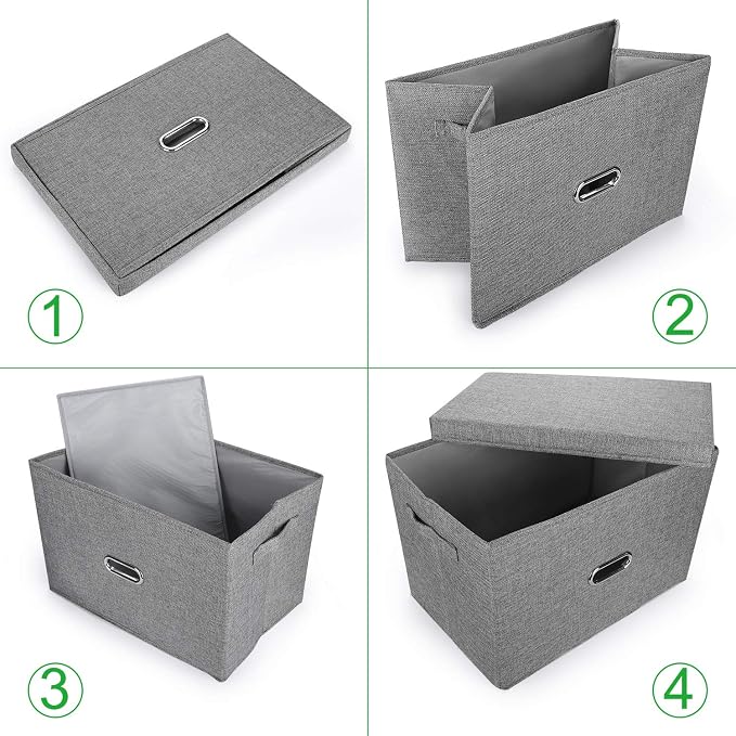 Linen Fabric Collapsible Storage Bins with Removable Lids and Handles, Washable Storage Box Containers Baskets Cube with Cover for Bedroom,Closet,Office,Living Room,Nursery (Grey, Medium) - Image 3