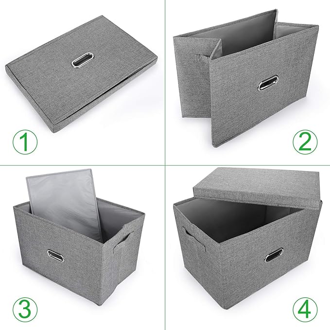 Large Linen Fabric Foldable Storage Bins with Removable Lid and Handles, Washable Storage Box Organizer Containers Baskets Cube with Cover for Bedroom,Closet,Nursery (Grey, XXL(2-Pack)) - Image 3