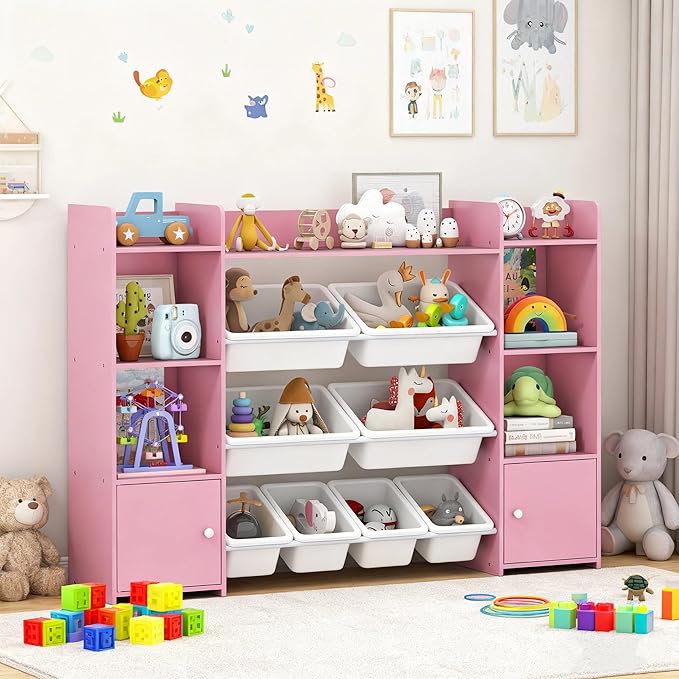 Costzon 56'' Kids Toy Storage Organizer with 8 Removable Bins, 4-Tier Toddler Bookshelf Cubbies, Preschool Children's Montessori Bookshelf w/6 Large Cabinet for Playroom, Daycare, Kids Room, Classroom by Costzon