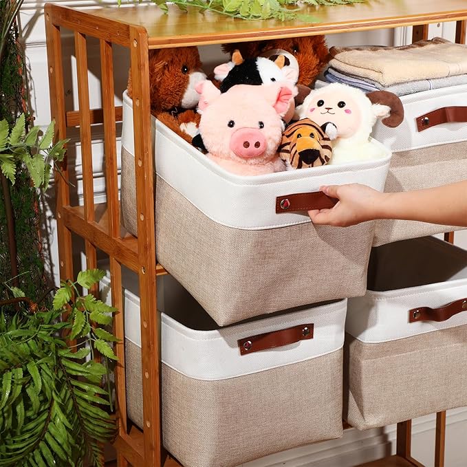 Uiifan 10 Pcs Collapsible Storage Bins Fabric Foldable Storage Basket with Handles Cloth Organizer Linen Shelf Baskets for Shelves Home Closet Nursery Toys(16 x 12 x 10 Inch,Beige and White) - Image 2