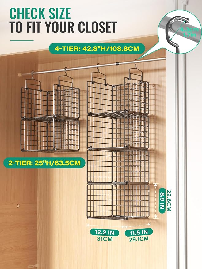 Hanging Closet Organizer, 4 Tier Metal Closet Organizers and Storage with 4 Hanging Hooks 4 S-Hooks for Wardrobe Laundry Room, Wire Storage Shelf for Clothes Sweaters Pants (Black) - Image 2
