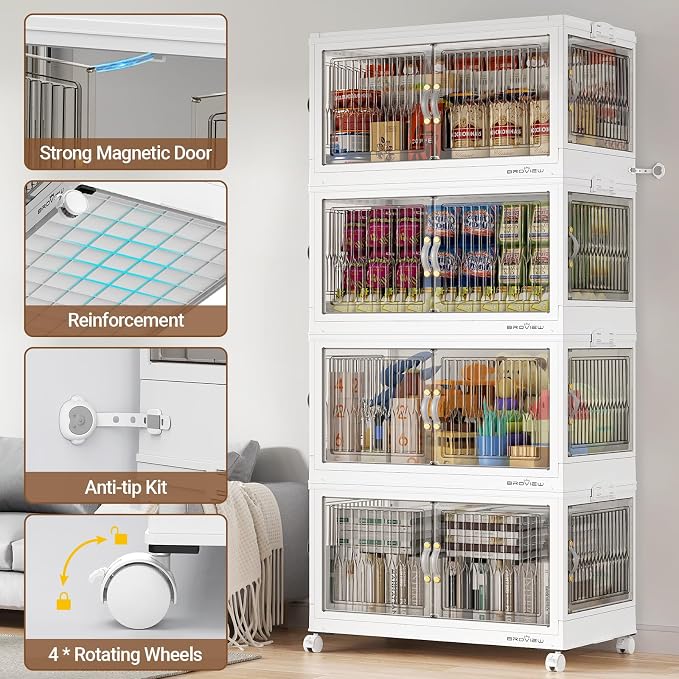 BROVIEW 480Qt Stackable Storage Bins with 4 Lids, Front and Side Open Doors, Plastic Collapsible Closet Organizer and Storage Cabinet, Foldable Box with Wheels Drawer for Home Office, 4Pack White - Image 5