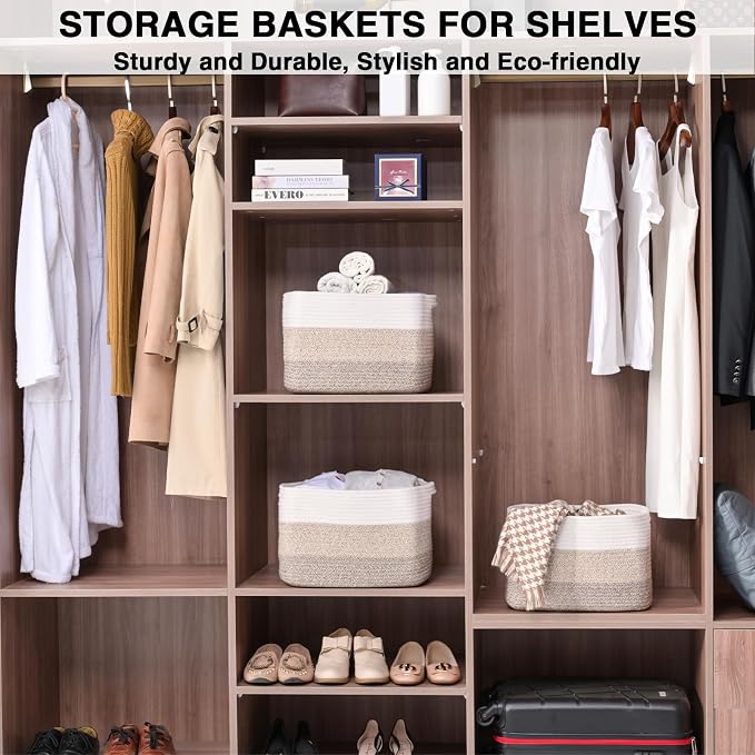Storage Baskets for Organizing Shelves, Woven Cotton Rope Basket for Storage, Decorative Baskets for Shelves, Soft Basket for Living Room Bedroom, 14.8"×11"×9.5", Pack of 3, Gradient Brown - Image 3