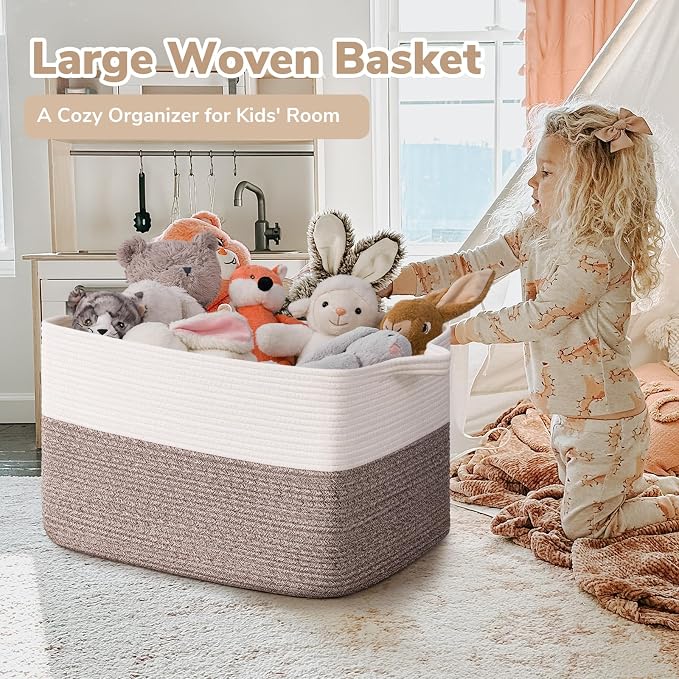 Goodpick Large Woven Rope Blanket Basket, Rectangle, White & Brown | 21.6'' x 14.9'' x 11.8'' Storage Basket for Blankets & Toys, Living Room, Bedroom & Nursery Organization, Reinforced Handles - Image 2