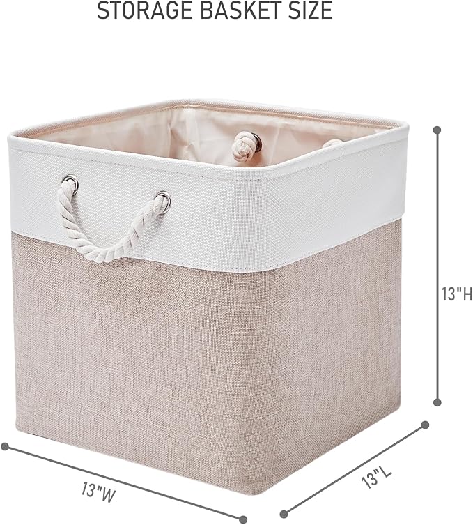13 Inch 6 Pack Foldable Fabric Storage Cubes with Handles | Home Cube Storage Basket,Large Cube Storage Bins,Closet Storage, Home Organizer(White&Beige) - Image 3