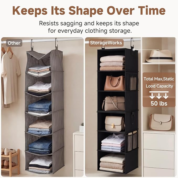 StorageWorks Hanging Closet Organizer 6-Shelf, Separable Two 3 Shelf Closet Storage Organizer with Side Pockets, Portable Hanging Shelves for Clothes, Sweater,12 1⁄2" D x 12 1⁄2" W x 47 ¼"H, Black - Image 6