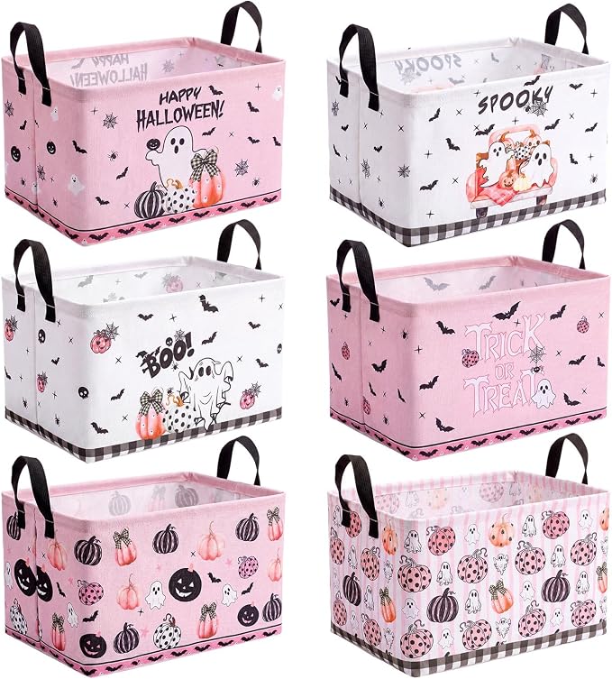 CHENGU 6 Pcs Halloween Storage Bin Collapsible Pink Ghost Basket for Gifts Spooky Pumpkin Decor Large Halloween Basket Farmhouse Foldable Bat Box with Handle for Nursery Bedroom Office Home Party by CHENGU