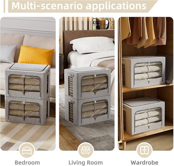 FHSQX 3 Pack Clothes Storage Bins - Foldable Metal Frame Storage Box - Stackable Linen Fabric Container Organizer Set with Carrying Handles and Clear Window (Light Gray, 15.7x11.8x9.8inch(30L)) - Image 3