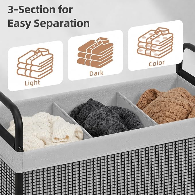STORAGE MANIAC Rolling Laundry Hamper with Wheels 3-Section Laundry Sorter Rolling Laundrys Basket on Wheels with Removable Bag Clothes Hamper Laundrys Organizer Cart Bathroom Bedroom 120L Grey - Image 6