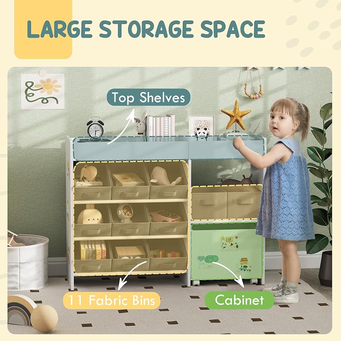 Qaba Toy Storage Organizer with 6 Shelves and 11 Fabric Bins, White | Moveable Toy Storage Cabinet, 3 Stickers, Kids Bookcase, Nursery, Playroom, Bedroom - Image 3