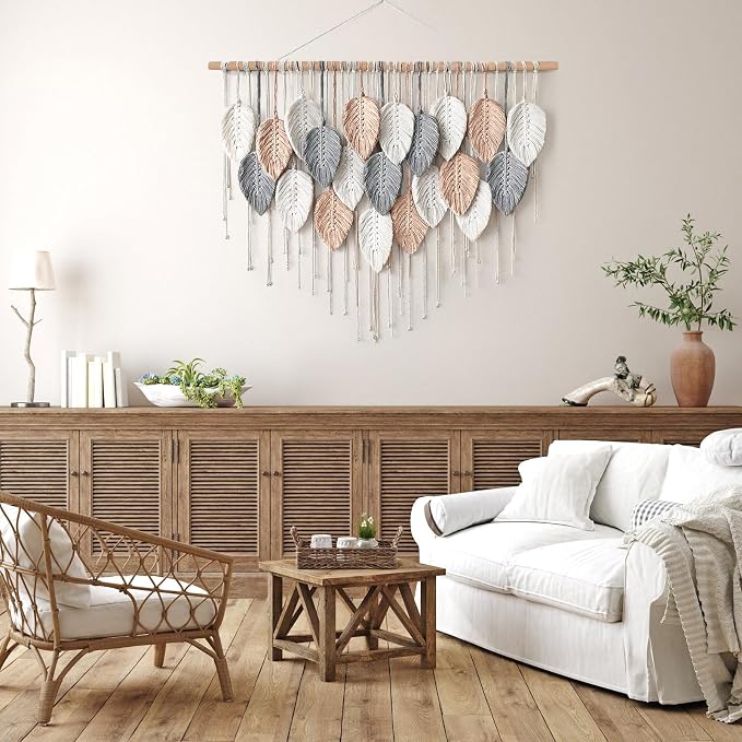 Alynsehom Large Macrame Wall Hanging, Boho Woven Tapestry, Chic Modern Bohemian Handmade Leaf Feather Wall Art Home Decor for Apartment Dorm Living Room Bedroom Nursery Backdrop (39" W X 29.5" L) - Image 5
