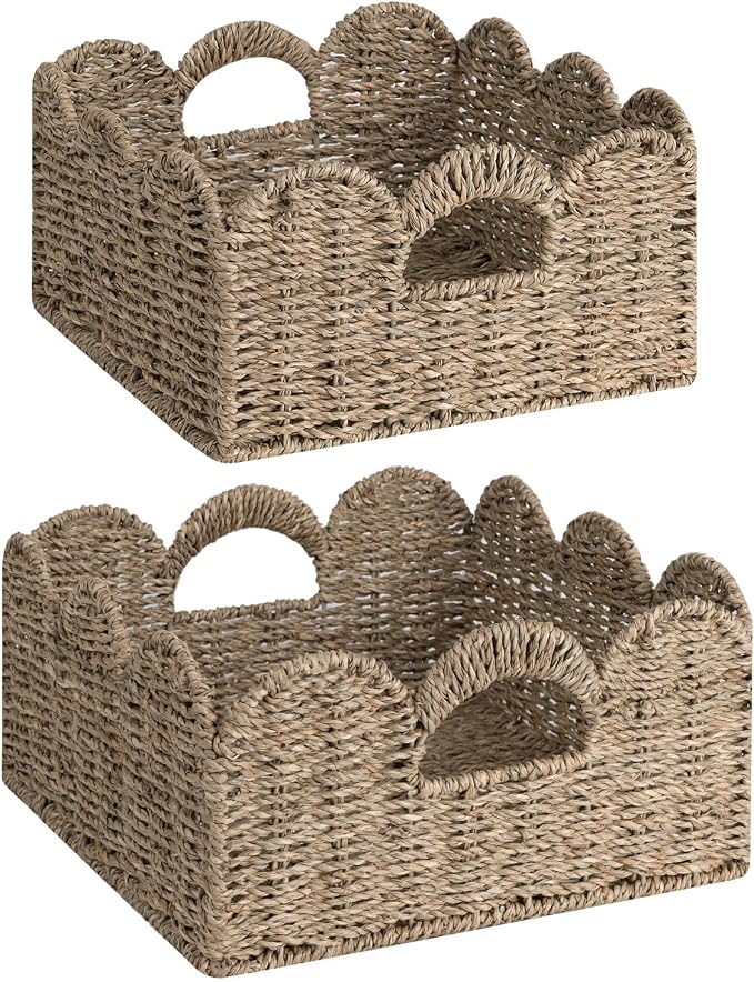 StorageWorks Scalloped Wicker Basket, Hand-woven Rattan Baskets with Built-in Handles, Seagrass Basket for Organizing and Decor, 2 Pack | Woven Baskets for Storage, Wicker Storage Baskets for Shelves, Large Wicker Basket, Shelf Basket with Handles, 2 Pack by StorageWorks