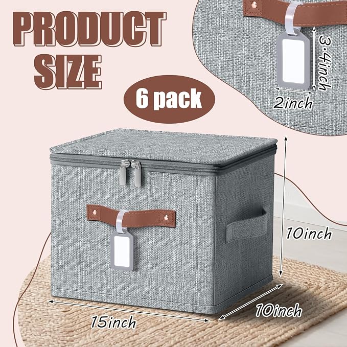 6 Pack 15 Inch Fabric Closet Storage Bins with Lids, 15x10x10In Large Foldable Cotton Linen Storage Cubes Boxes with PU Handle & Label Holder for Bedroom Organization, Shelf, Nursery, Gray - Image 2