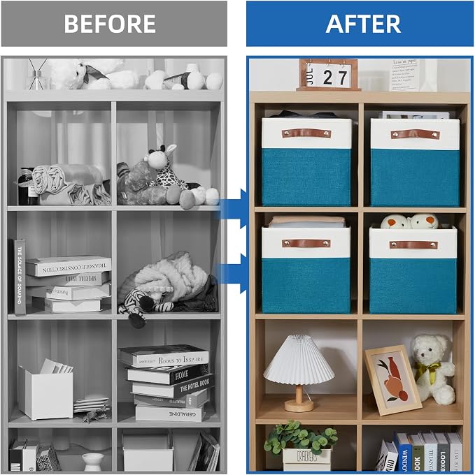 Temary Storage Cube Bins 11 Cube Storage Bins Storage Baskets for Closet, Shelves 4 Pack Fabric Organizer Bins with Leather Handles(White&Teal) - Image 7