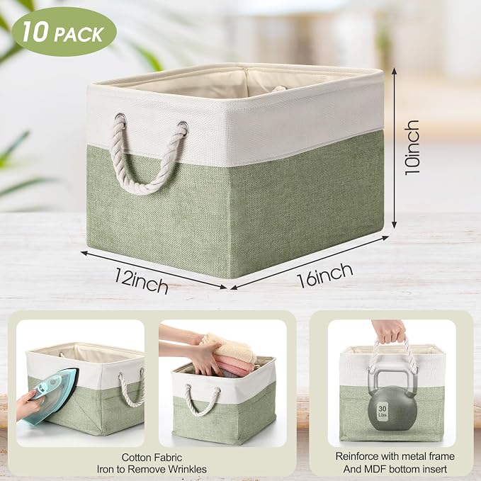FoldTier 10 Pack Large Collapsible Fabric Storage Baskets with Handles Decorative Storage Bins for Organizing Shelves Toys Clothes(Beige & Green,16 x 12 x 10 Inches) - Image 2