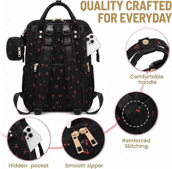 Baby Diaper Bag Backpacks for Mom Dad, Corduroy Large Capacity Multifunction Nappy Bag with Pacifier Case, Baby Travel Essentials Diaper Backpack for Boys Girls - Cherry Black - Image 6