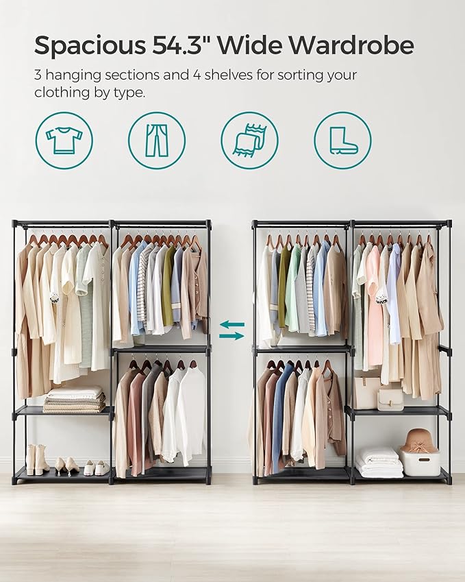 SONGMICS Portable Closet, Freestanding Closet Organizer, Clothes Rack with Shelves, Hanging Rods, Storage Organizer, for Cloakroom, Bedroom, 54.3 x 16.9 x 71.7 Inches, Black URYG025B02 - Image 6