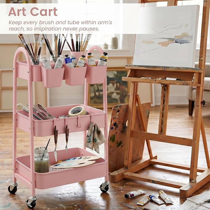 danpinera 3-Tier Rolling Cart, Utility Cart Mobile Metal Rolling Storage Cart with Lockable Wheels & Hanging Cups & Hooks for Kitchen, Bathroom, Office, Workshop, Pink - Image 5