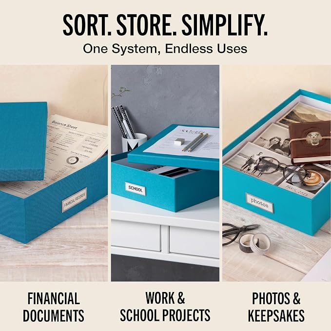 Bigso Oskar Fiberboard Label Frame Document Letter Box - File Organizer Box for Important Paperwork - Document Storage with a Lid & Label Window - 3.3 in x 10.2 in x 13.8 in - 3 Pack - Turquoise - Image 6