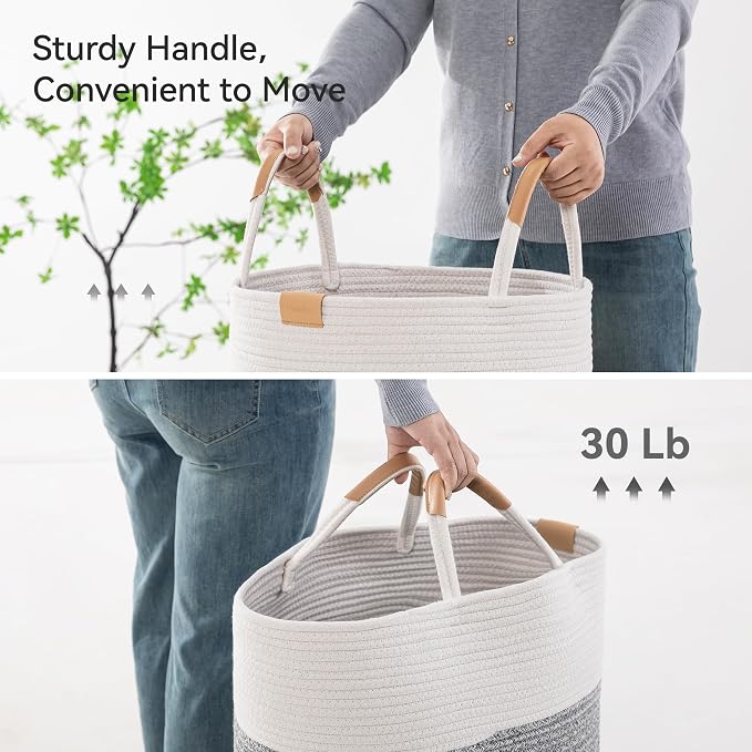 Nunsino 75L Striped Laundry Hamper with Leather Handles,Large Foldable Laundry Basket for Clothes,Cotton Rope Storage Bin for Blankets,Woven Clothes Basket for Bedroom,Gray Stripes - Image 5
