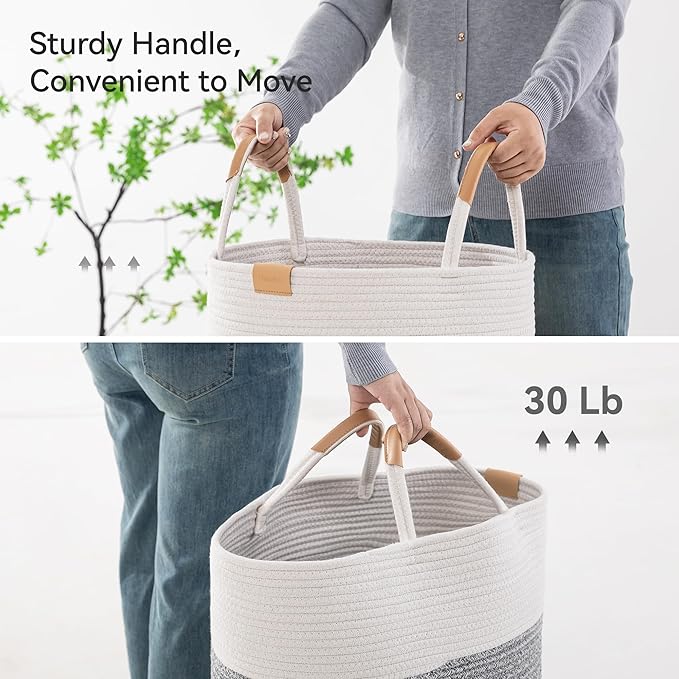 Nunsino 95L Striped Laundry Hamper with Leather Handles,Large Foldable Laundry Basket for Clothes,Cotton Rope Storage Bin for Blankets,Woven Clothes Basket for Bedroom,Gray Stripes - Image 5