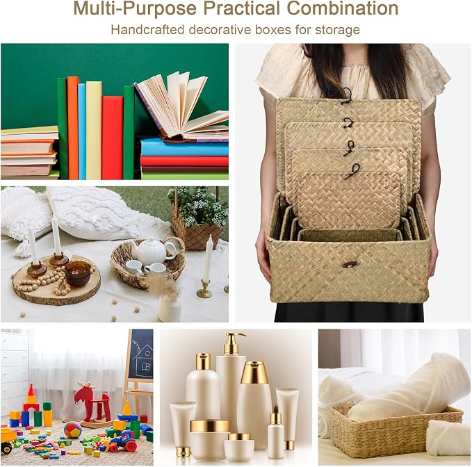 Woanger Set of 4 Wicker Baskets with Lids, Nautral Seagrass Storage Baskets, Woven Rectangular Basket Bins, Rattan Storage Organizer for Shelf Closet Bedroom(Natural Color) - Image 5