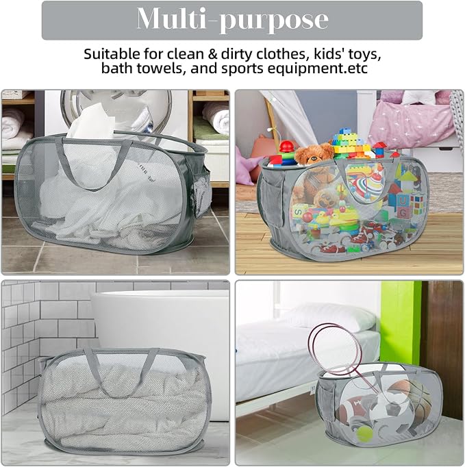 4 Pack Collapsible Laundry Baskets, Foldable Laundry Basket with Pocket, Durable Pop Up Hampers, Reinforced Handles Dirty Clothes Hamper for Laundry, Bedroom, Bathroom, Dorm, Travel or Camping Grey - Image 7