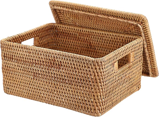 Hipiwe Wicker Storage Bin with Lid & Handle Handwoven Rattan Shelf Baskets | Rectangular Decorative Baskets Box Household Basket Boxes for Home Organizing,13.2"Lx10.2"Wx6.7"H by Hipiwe
