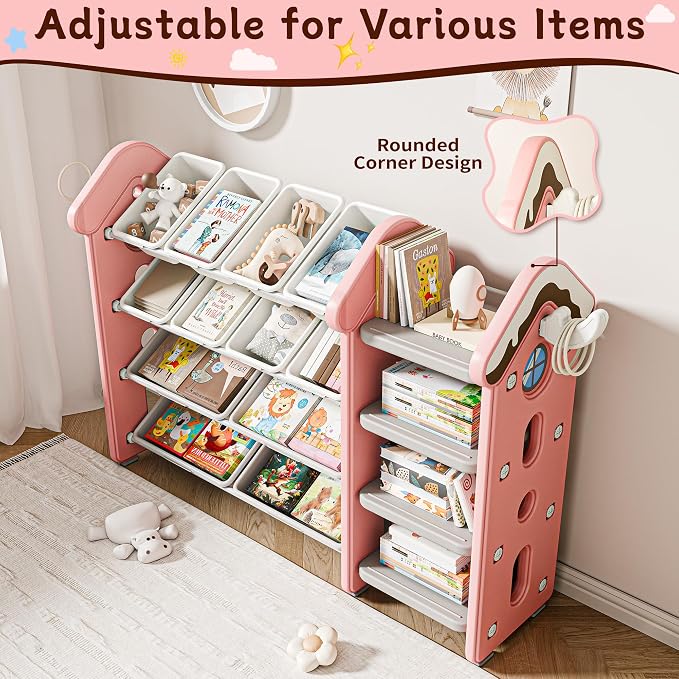 Pipleo Kids Toy Storage Organizer with 12 Removable Bins, Toy Organizers and Storage with 4-Tier Bookshelf for Kids Toy Storage Organizer (Pink) - Image 5