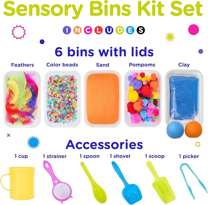 Sensory Kit for Toddlers and Kids - Includes 6 Bins with Lids, Play Tools, Sand, Feathers, Clay, Color Beads and Pom Poms Kids Box Fillers - Image 2