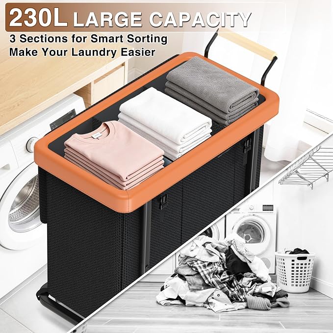 Rolling Laundry Hamper with Wheels, Laundry Hamper 3 Section with Lid Black | Laundry Basket with Rolling Lockable Wheels and Handle, Laundry Basket Organizer for Laundry Room, Bedroom 230L - Image 4