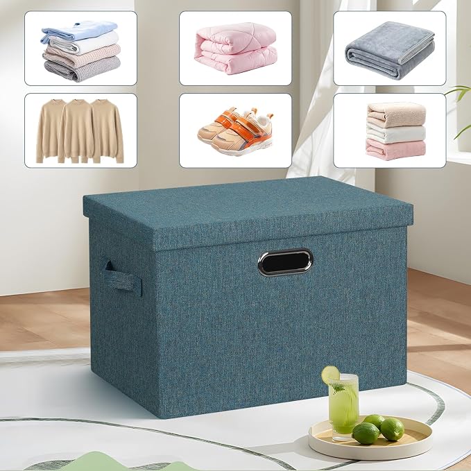 Storage Bins with Lids Fabric Closet Organizers Cubes Office Organization | 36 Quart 3 Pack Blue-Green Collapsible Stackable Linen Fabric 4 Handles Bedroom Closet Cabinet Under Bed Clothes Toy Office - Image 6