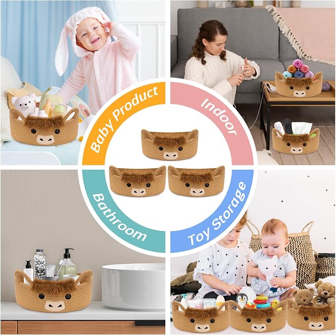3 Pcs Oval Highland Cute Cow Basket for Nursery,Woven Rope Gift Basket | Soft Cotton Decorative Storage for Gifts Empty, Baby Shower Blanket 0rganizer Shelves Towel Bins, 12" D x 5" H - Image 6