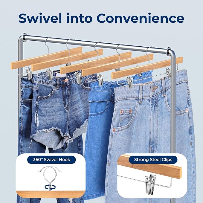 SereneLife Skirt and Pant Hanger, Premium Wooden, Natural, 20 Pack | Adjustable Non-Slip Steel Clips, Premium Wooden, 360° Swivel Hook, 10 lb Capacity, Space-Saving Heavy-Duty - Image 6